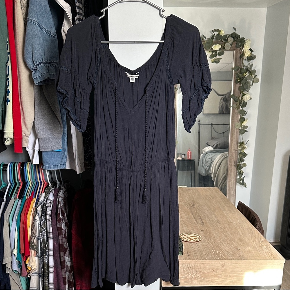 Navy Blue Short Sleeve Boho Dress